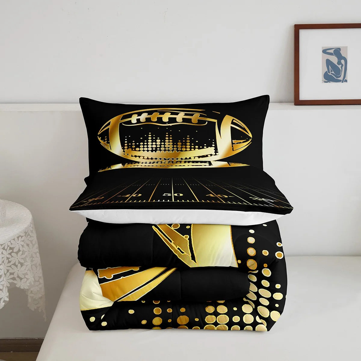 Black and Gold Soccer Bedding Sets Twin Football Comforter Bedroom Sport Quilted Duvet Ball Gamer Bedding Comforter Sets for Teen Men Ultra Soft All-Season Quilt Set 2Pcs