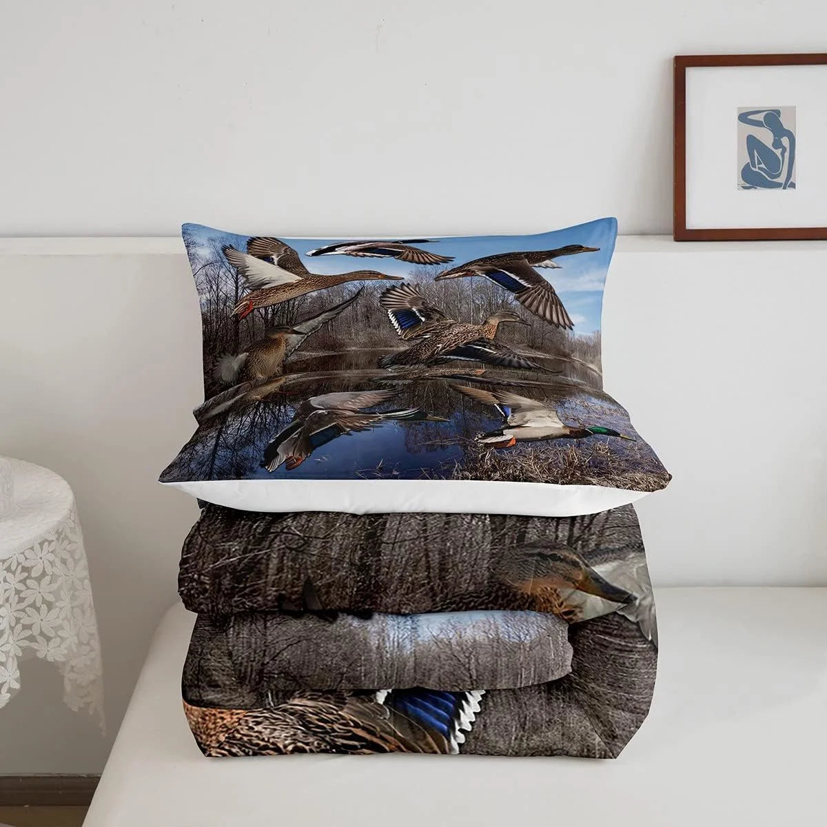 Mallard Duck Duvet Insert Duck Hunting Themed Comforter Set Teens Adults Mallard Duck Bird Printed Bedding Set Rustic Natural Lake Scenery Quilt with 2 Pillowcases,Queen