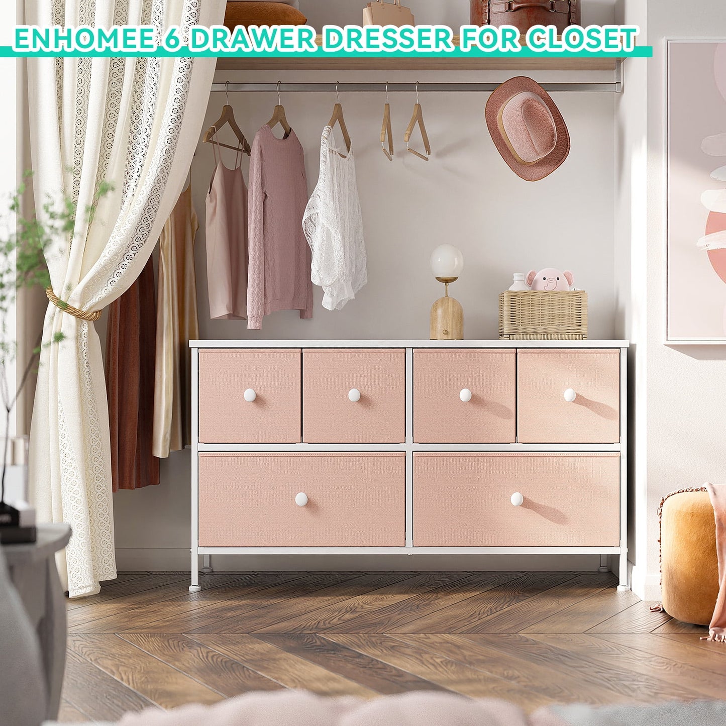 Pink Dresser for Bedroom Dressers & Chests of Drawers Dresser TV Stand with 6 Drawers Dressers for Closet Pink Wide Fabric Dressers TV Console Storage Unit, Pink