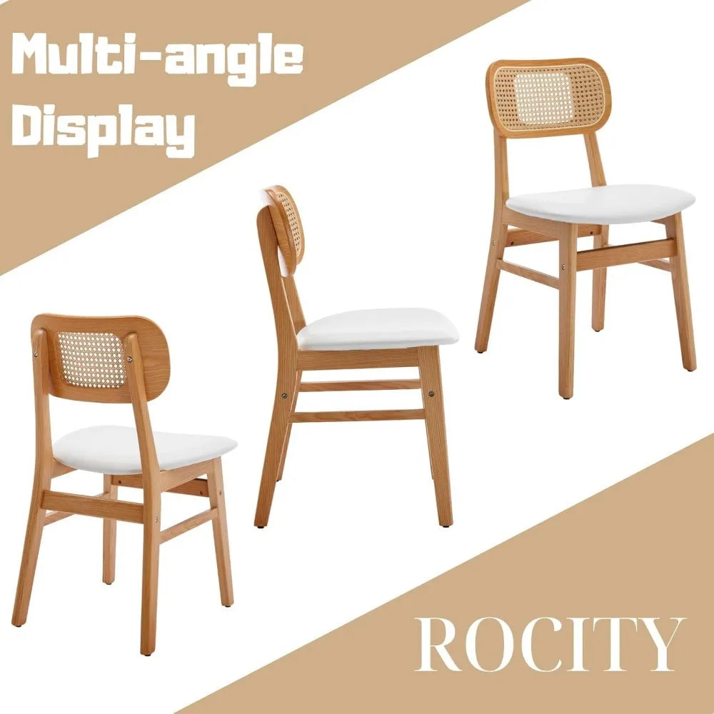 Rattan Dining Chairs Set of 6 White Faux Leather Dining Room Chairs Natural Wooden Kitchen Chairs Farmhouse Side Chairs