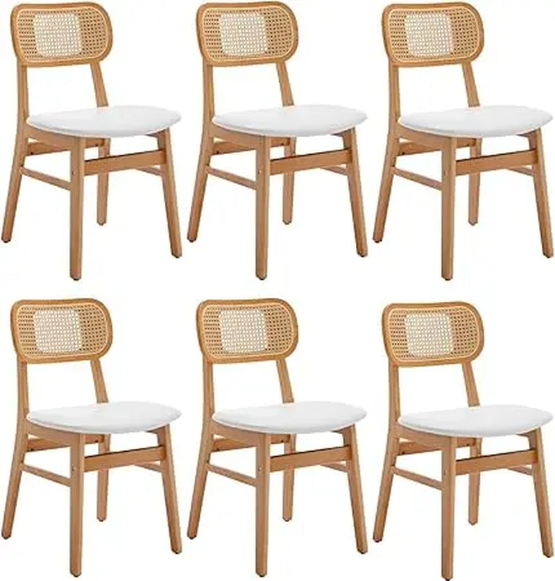 Rattan Dining Chairs Set of 6 White Faux Leather Dining Room Chairs Natural Wooden Kitchen Chairs Farmhouse Side Chairs