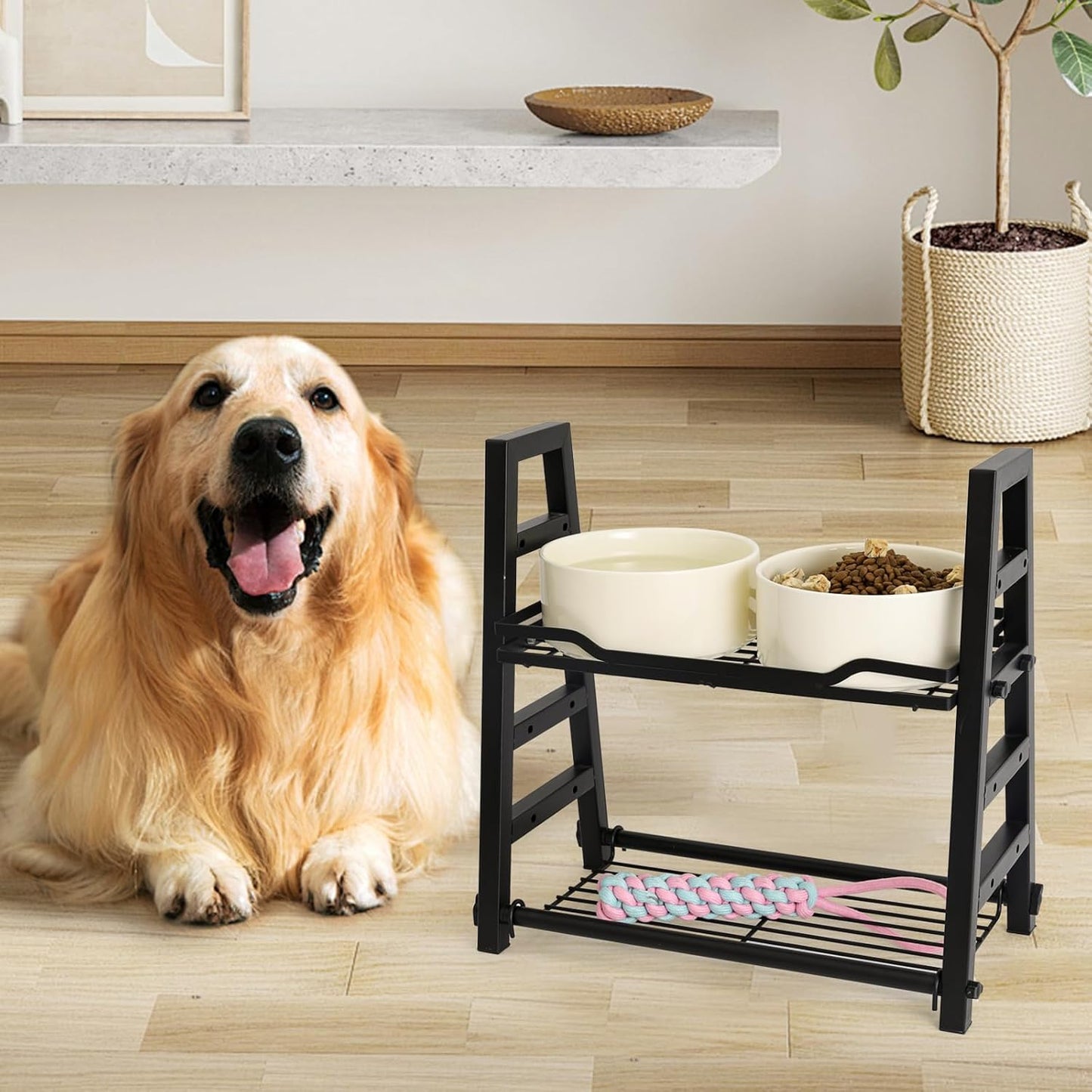 42 OZ Large Ceramic Dog Bowls Set of 2 with Adjustable Elevated Metal Stand, 7 Inch Raised Dog Food and Water Feeder Bowl Dish, Adjusts to 4 Heights for Medium & Large Dogs, Beige