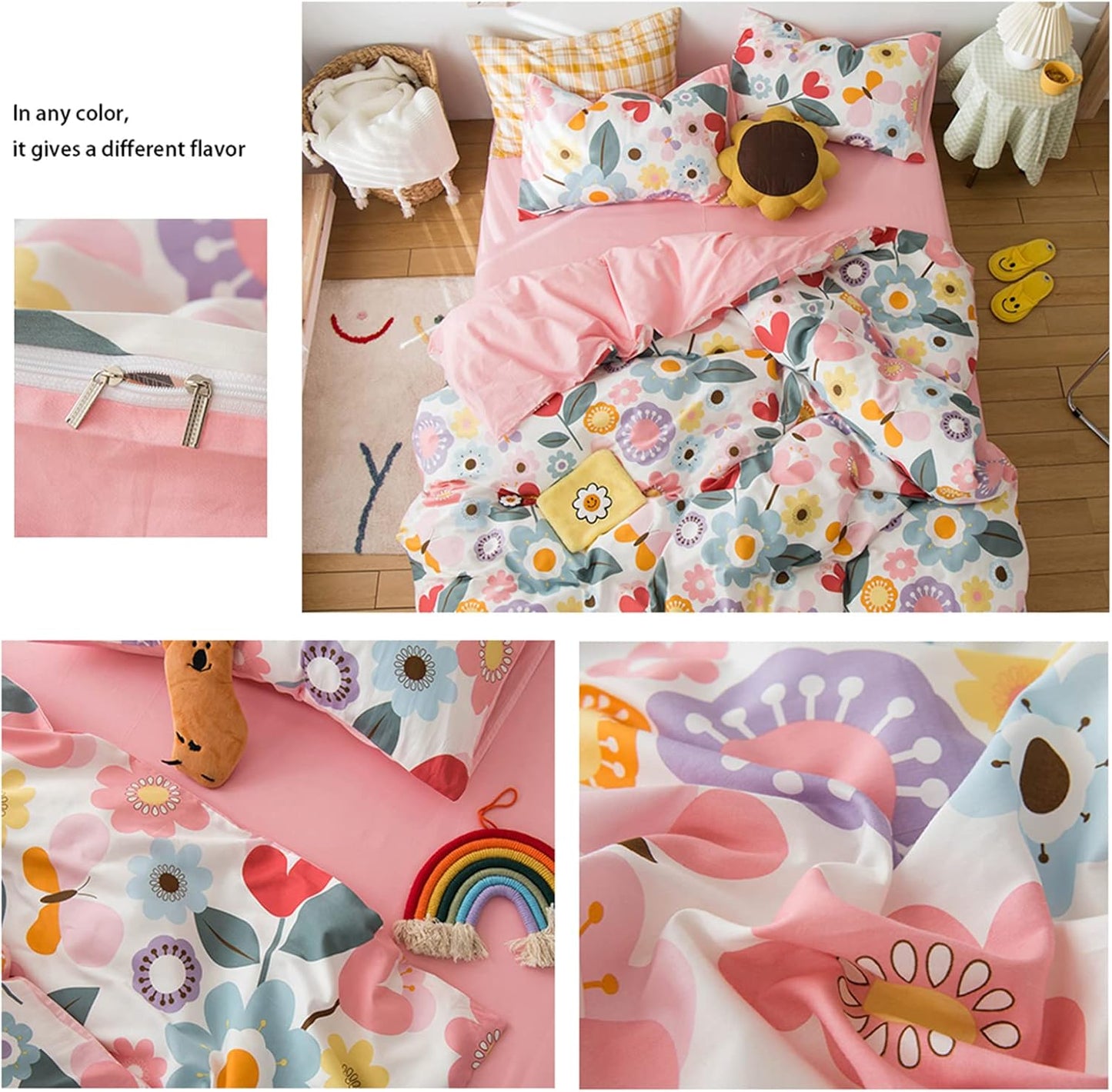 Queen Size Floral Bedding Sets Kids 3 Pieces Cotton Duvet Cover Queen Pink for Women Girls Reversible Yellow Aesthetic Bedding Comforter Cover Set Boho Bedding Queen