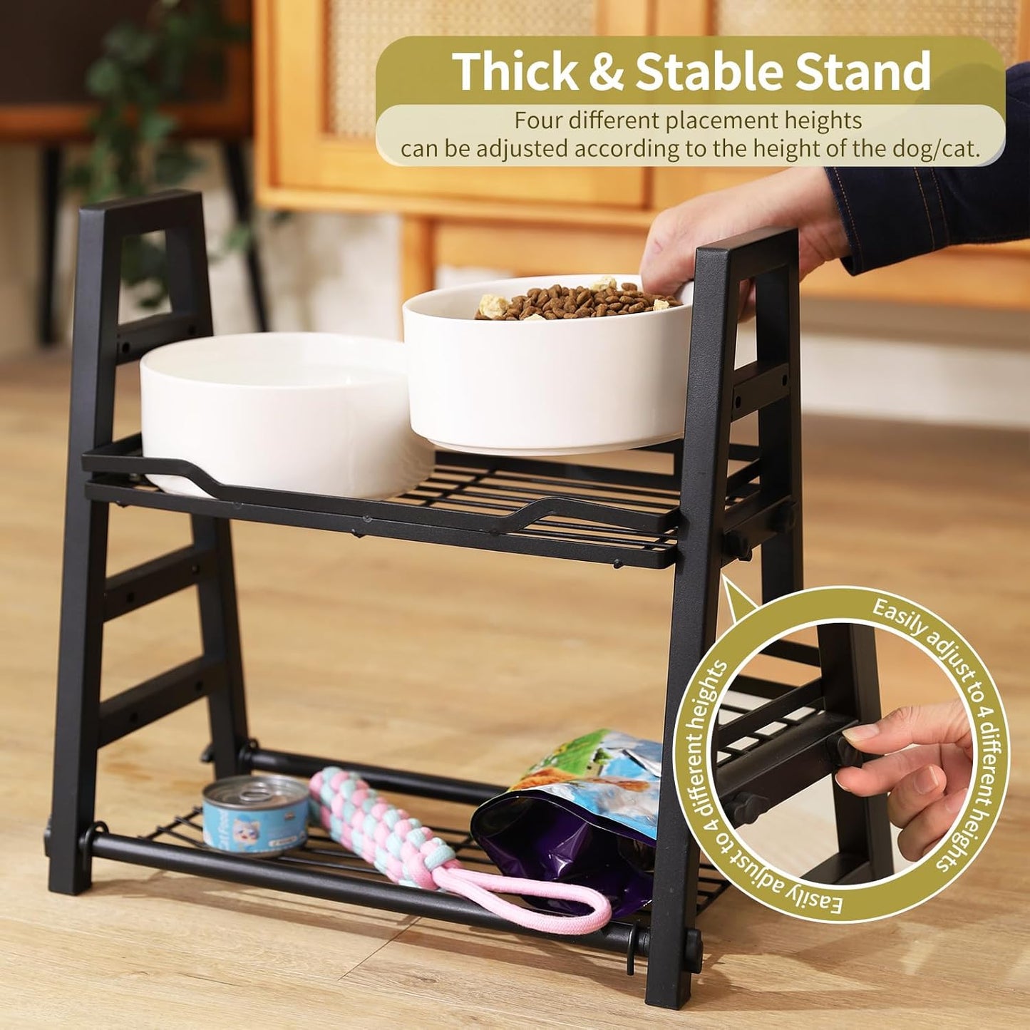 42 OZ Large Ceramic Dog Bowls Set of 2 with Adjustable Elevated Metal Stand, 7 Inch Raised Dog Food and Water Feeder Bowl Dish, Adjusts to 4 Heights for Medium & Large Dogs, Beige