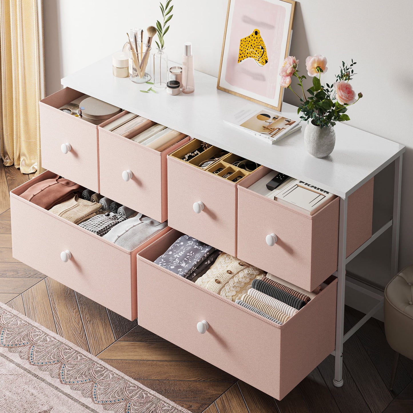 Pink Dresser for Bedroom Dressers & Chests of Drawers Dresser TV Stand with 6 Drawers Dressers for Closet Pink Wide Fabric Dressers TV Console Storage Unit, Pink