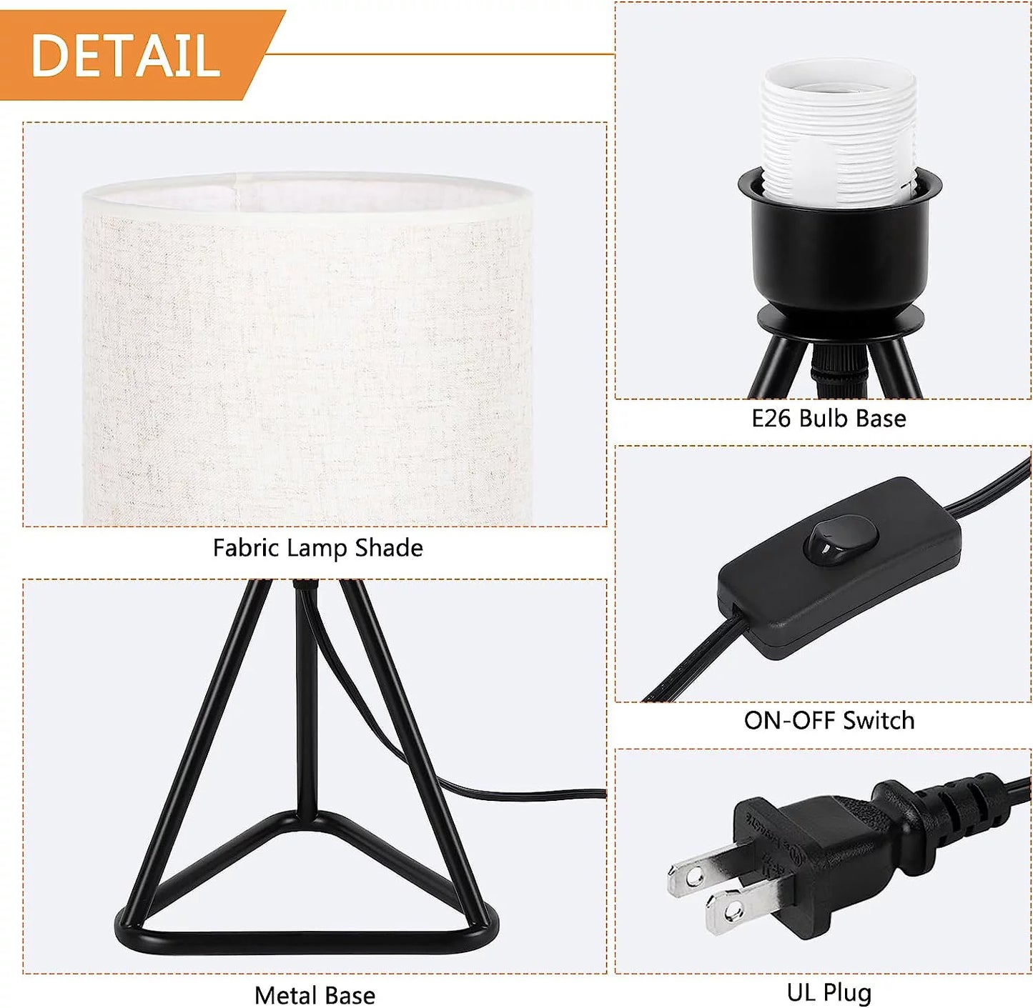 Bedside Table Lamps Set of 2 Small Metal Nightstand Lamps with Linen Shade