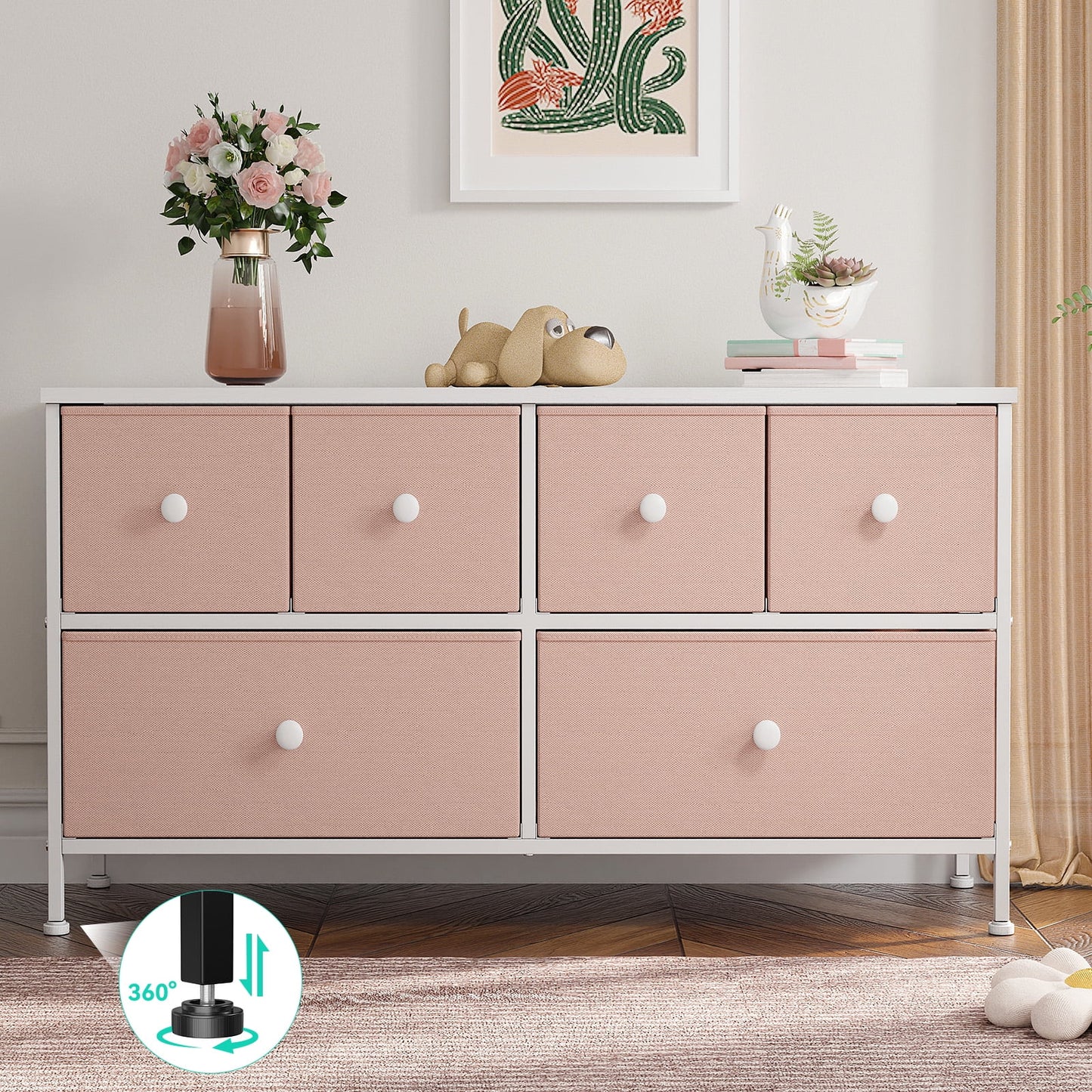 Pink Dresser for Bedroom Dressers & Chests of Drawers Dresser TV Stand with 6 Drawers Dressers for Closet Pink Wide Fabric Dressers TV Console Storage Unit, Pink