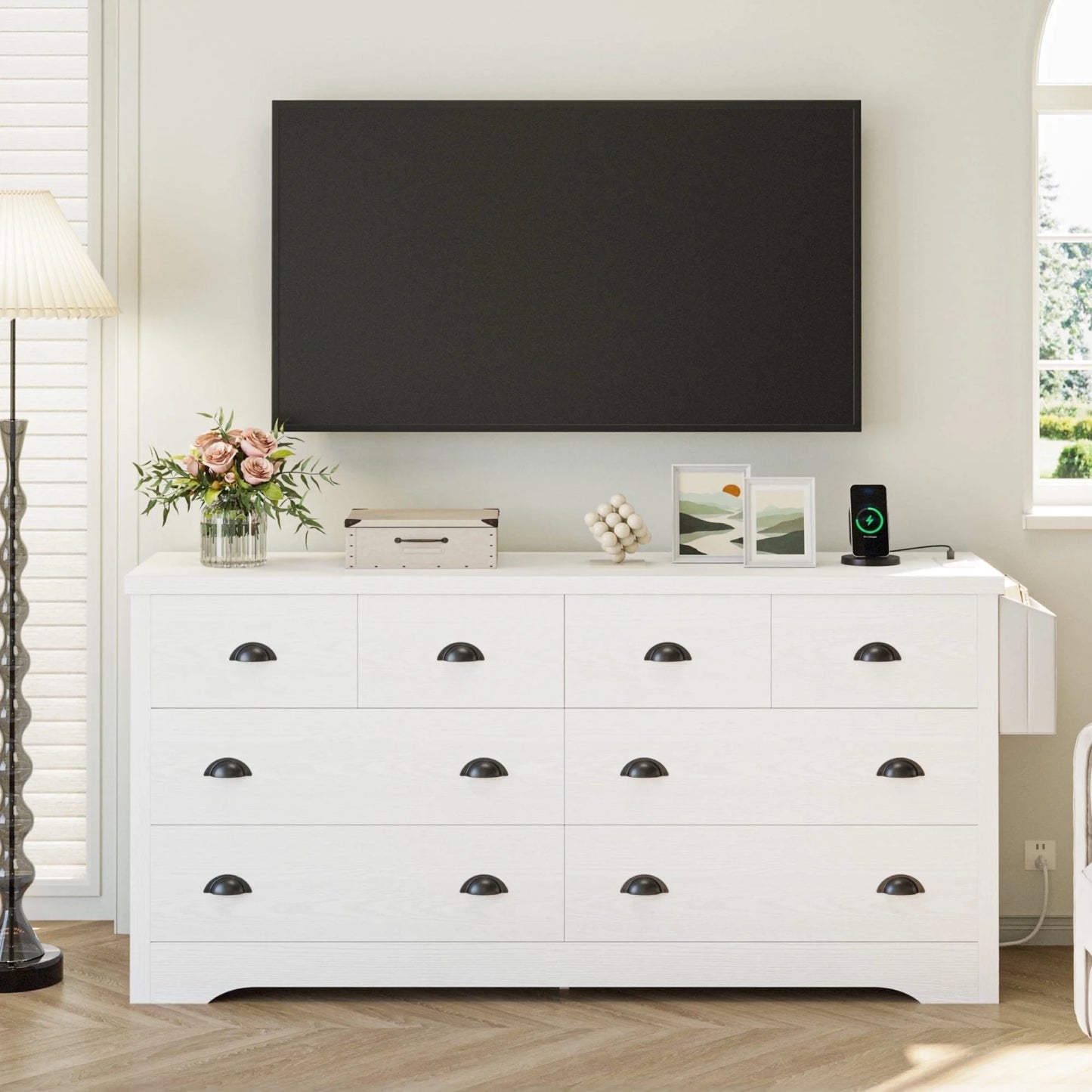 8 Drawer Dresser with Charging Station and Side Storage Bag, Wood Chest of Drawers, White Dresser
