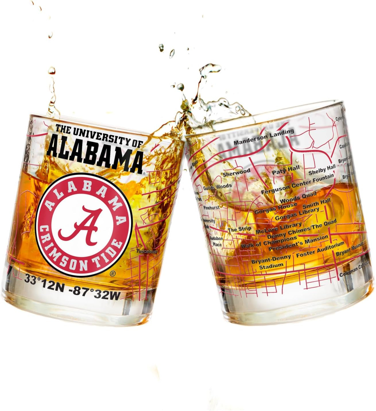The University of Alabama Whiskey Glass Set (2 Low Ball Glasses) - Contains Full Color Alabama Logo & Campus Map - Alabama Gift Idea for College Grads & Alumni - College Cocktail Glassware