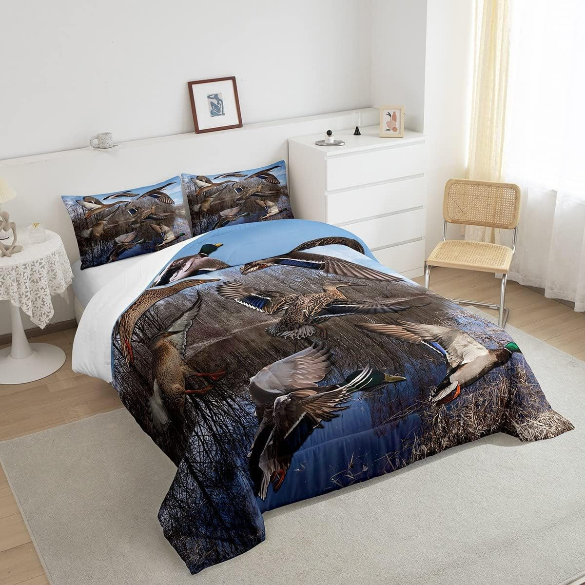 Mallard Duck Duvet Insert Duck Hunting Themed Comforter Set Teens Adults Mallard Duck Bird Printed Bedding Set Rustic Natural Lake Scenery Quilt with 2 Pillowcases,Queen