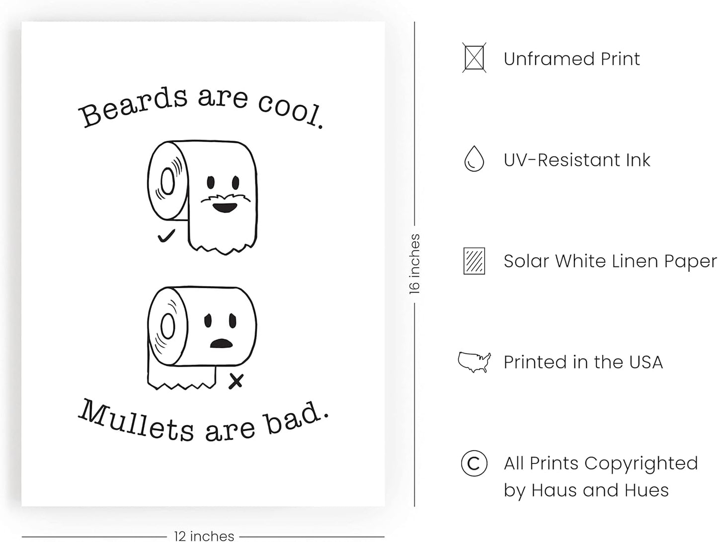 Funny Bathroom Decor & Bathroom Prints Funny Bathroom Signs & Funny Wall Decor | Bathroom Humor Wall Decor Fun Bathroom Signs Decor Funny | 12" X 16" UNFRAMED (Beard/Mullet)