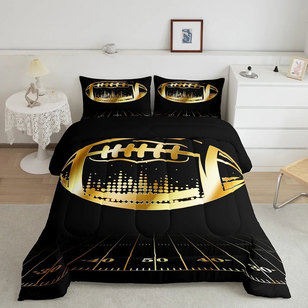 Black and Gold Soccer Bedding Sets Twin Football Comforter Bedroom Sport Quilted Duvet Ball Gamer Bedding Comforter Sets for Teen Men Ultra Soft All-Season Quilt Set 2Pcs