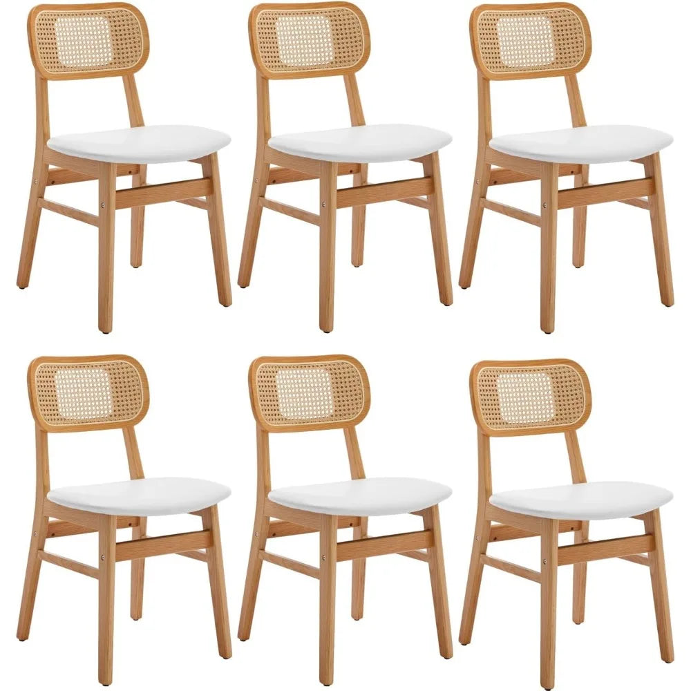 Rattan Dining Chairs Set of 6 White Faux Leather Dining Room Chairs Natural Wooden Kitchen Chairs Farmhouse Side Chairs