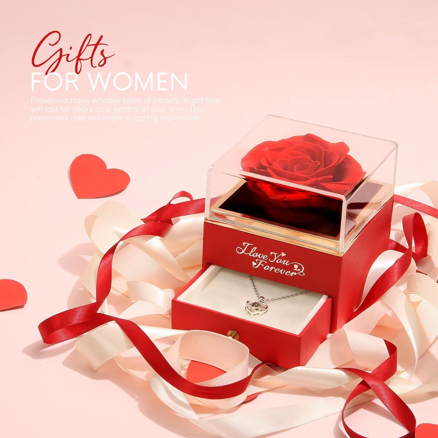 Preserved Flowers Forever Real Rose with I Love You Necklace, Eternal Rose Gifts for Mom Grandma Wife Girlfriend on Christmas, Valentines, Mothers Day, Anniversary, Birthday Gifts for Women
