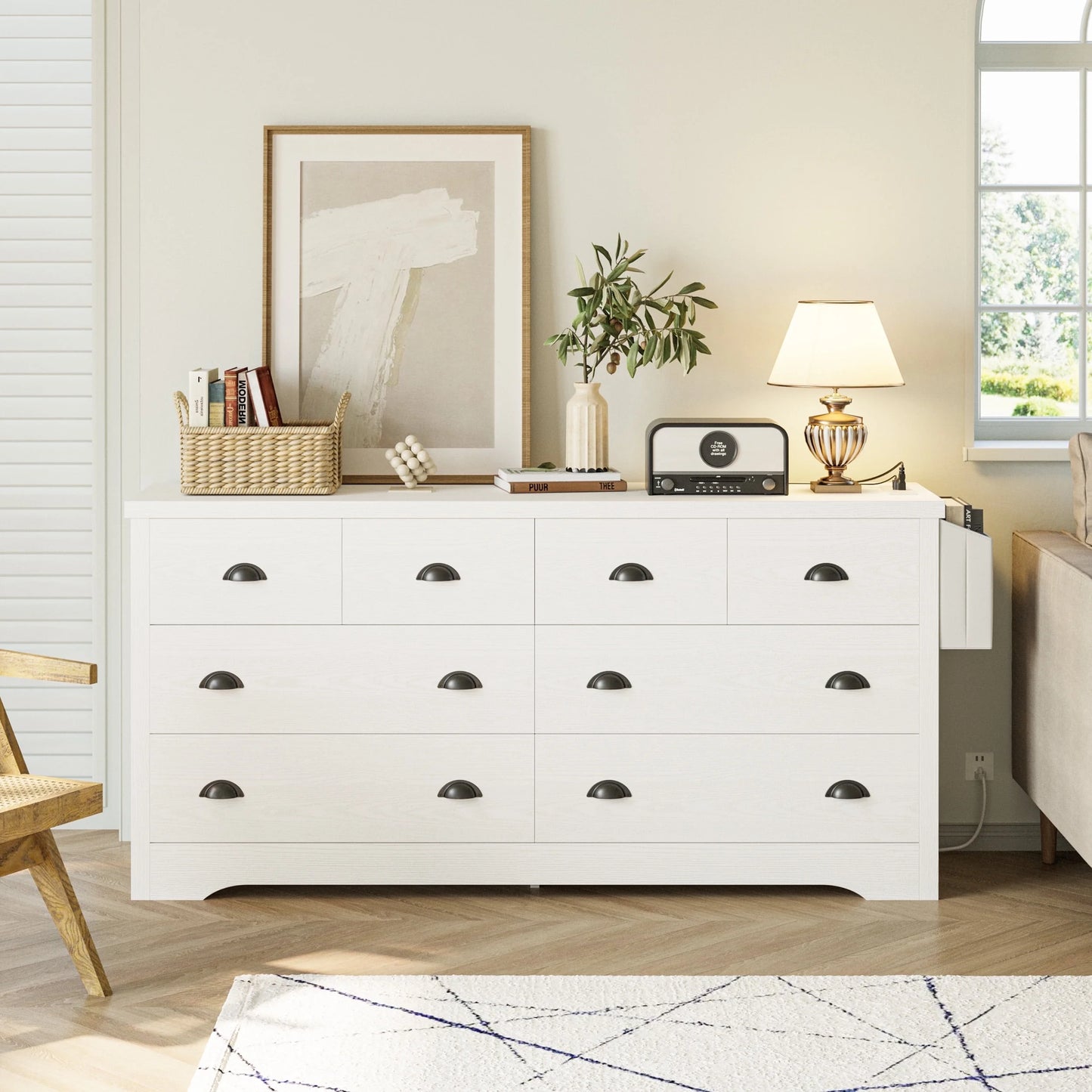 8 Drawer Dresser with Charging Station and Side Storage Bag, Wood Chest of Drawers, White Dresser