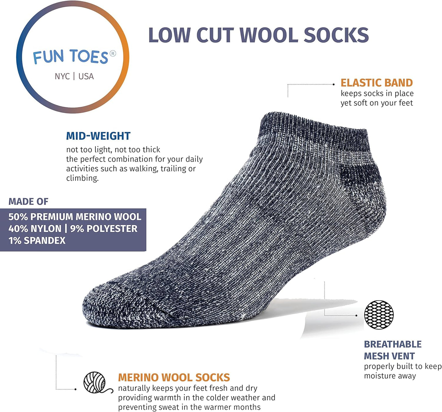 Low Cut Ankle Merino Wool Mens Hiking Running Socks Compression Arch Support Cushioned 6 Pairs