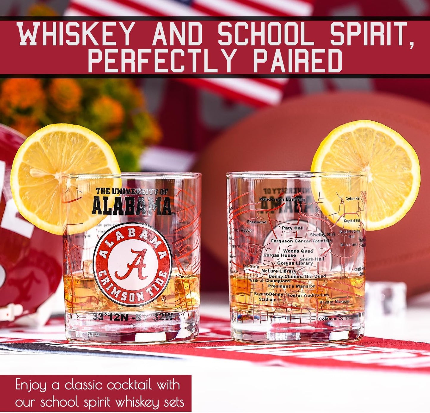 The University of Alabama Whiskey Glass Set (2 Low Ball Glasses) - Contains Full Color Alabama Logo & Campus Map - Alabama Gift Idea for College Grads & Alumni - College Cocktail Glassware