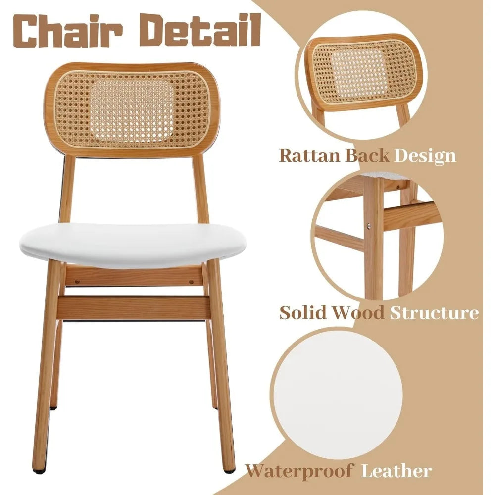 Rattan Dining Chairs Set of 6 White Faux Leather Dining Room Chairs Natural Wooden Kitchen Chairs Farmhouse Side Chairs
