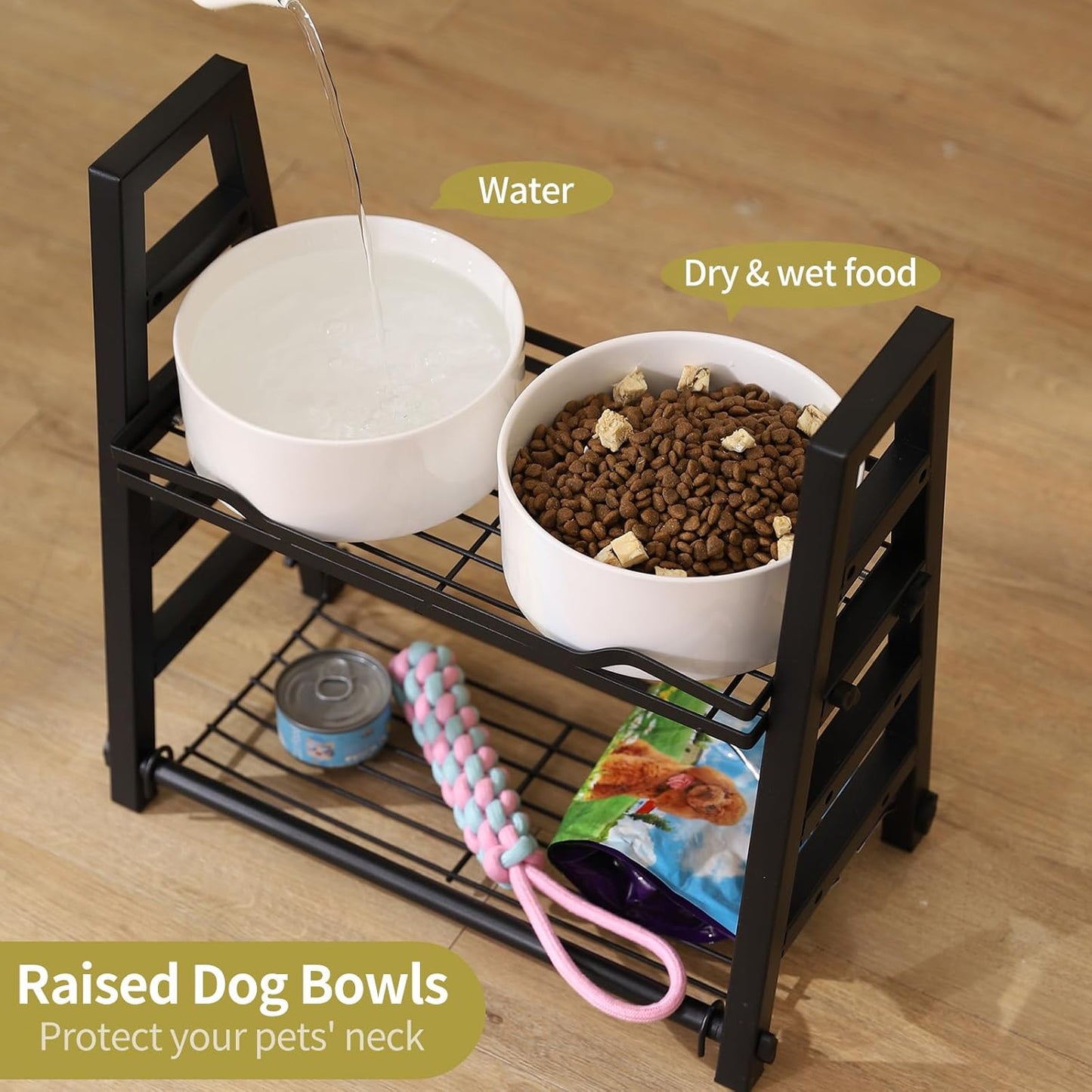 42 OZ Large Ceramic Dog Bowls Set of 2 with Adjustable Elevated Metal Stand, 7 Inch Raised Dog Food and Water Feeder Bowl Dish, Adjusts to 4 Heights for Medium & Large Dogs, Beige