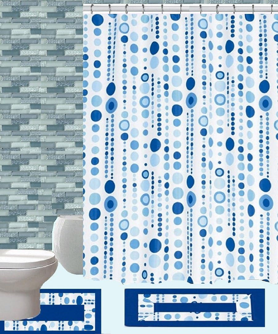 18 Pcs Geometric, Floral Designs Banded Shower Curtain Set. Rug 18"X30", Contour 18"X18", Curtain 70"X72", 12 Metal Crystal Roller Ball Shower Hooks, 3 Pcs Matching Towels Set (Jackie Blue)