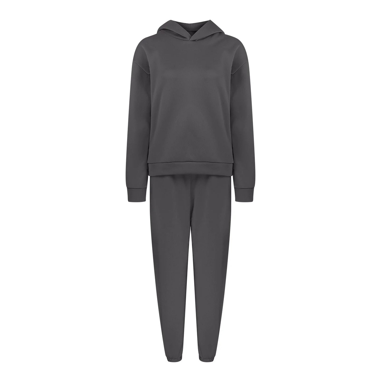 Women Casual Solid Color Two Piece Long Pants Hooded Pullover Long Sleeve Sweatshirts Sets Dark Gray XL