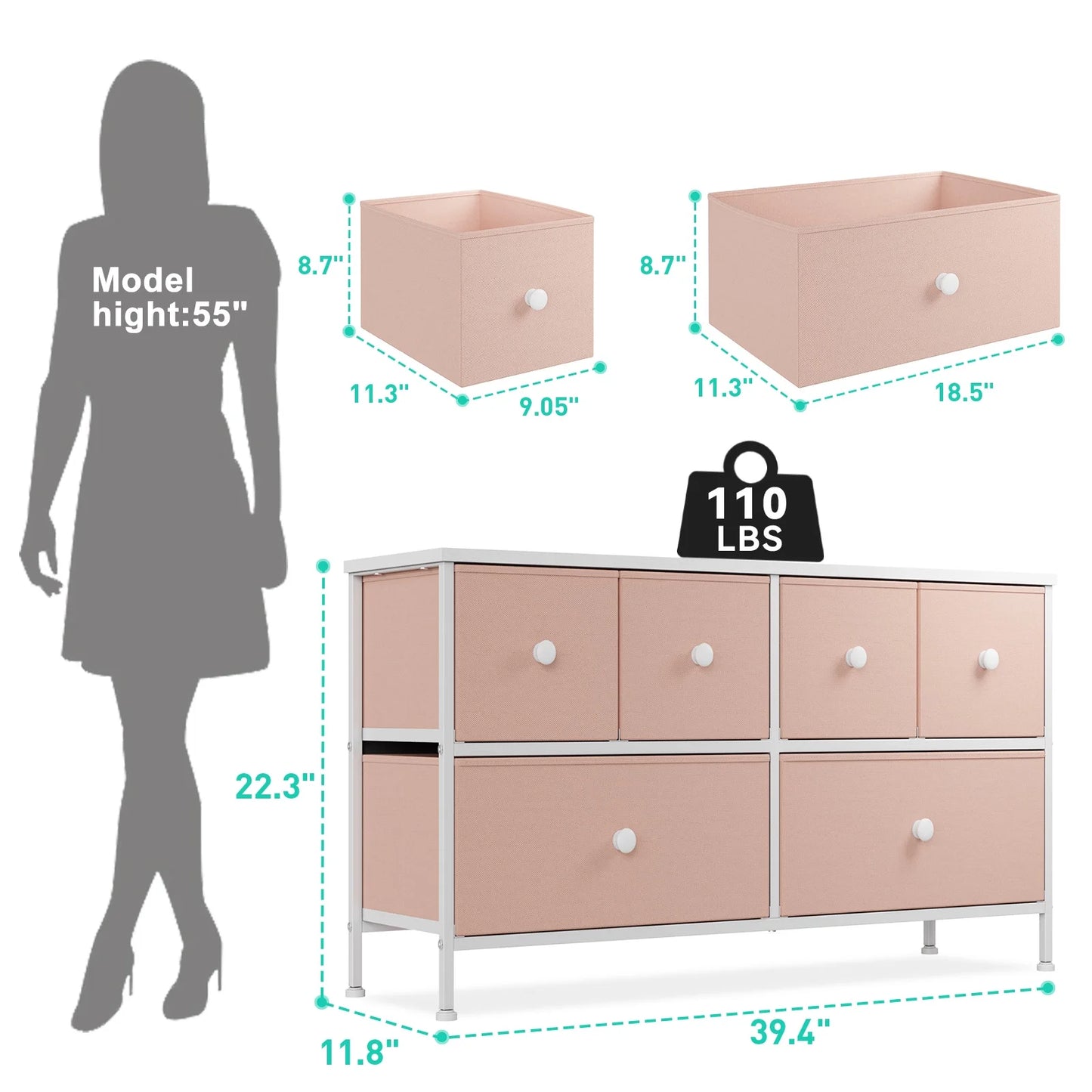 Pink Dresser for Bedroom Dressers & Chests of Drawers Dresser TV Stand with 6 Drawers Dressers for Closet Pink Wide Fabric Dressers TV Console Storage Unit, Pink