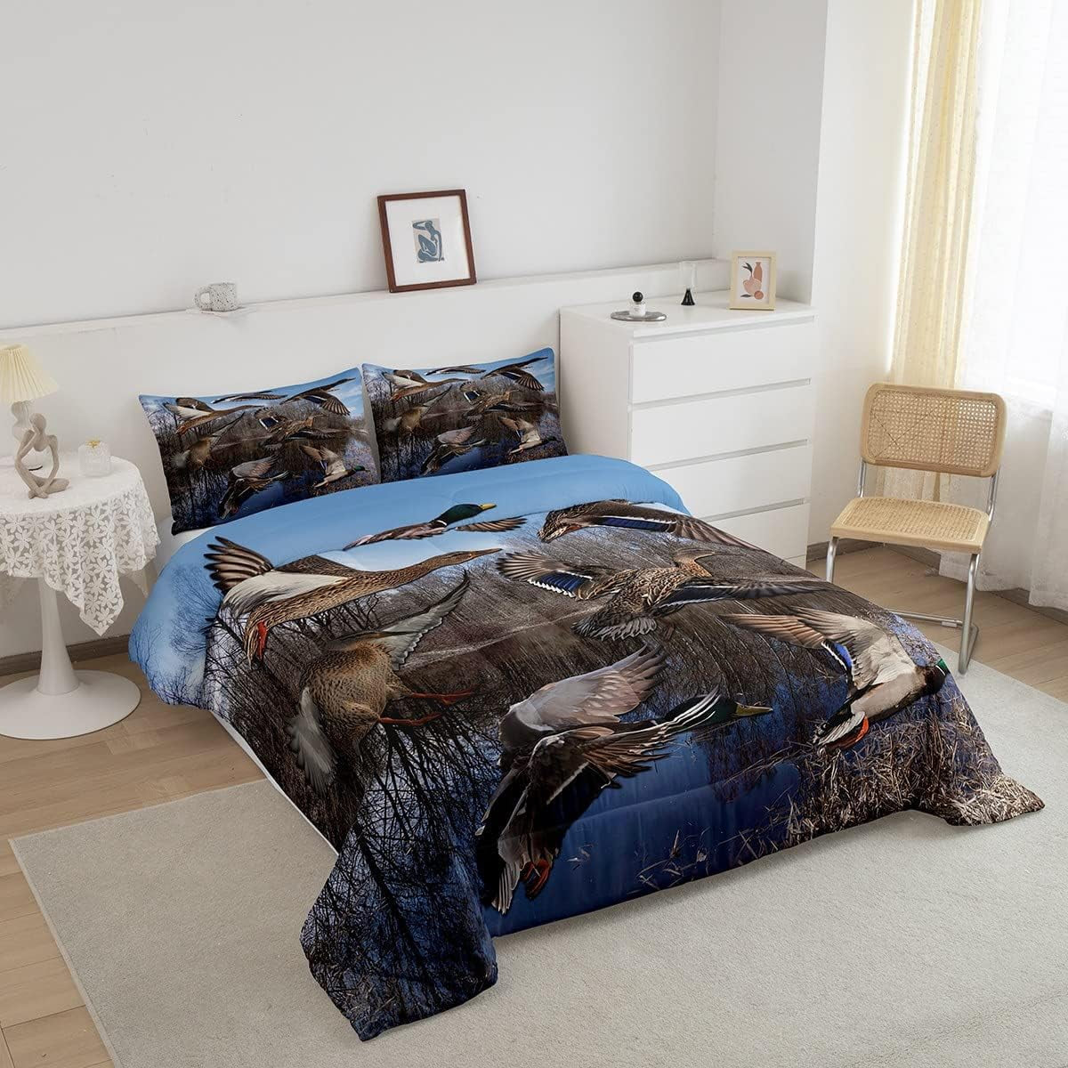Mallard Duck Duvet Insert Duck Hunting Themed Comforter Set Teens Adults Mallard Duck Bird Printed Bedding Set Rustic Natural Lake Scenery Quilt with 2 Pillowcases,Queen