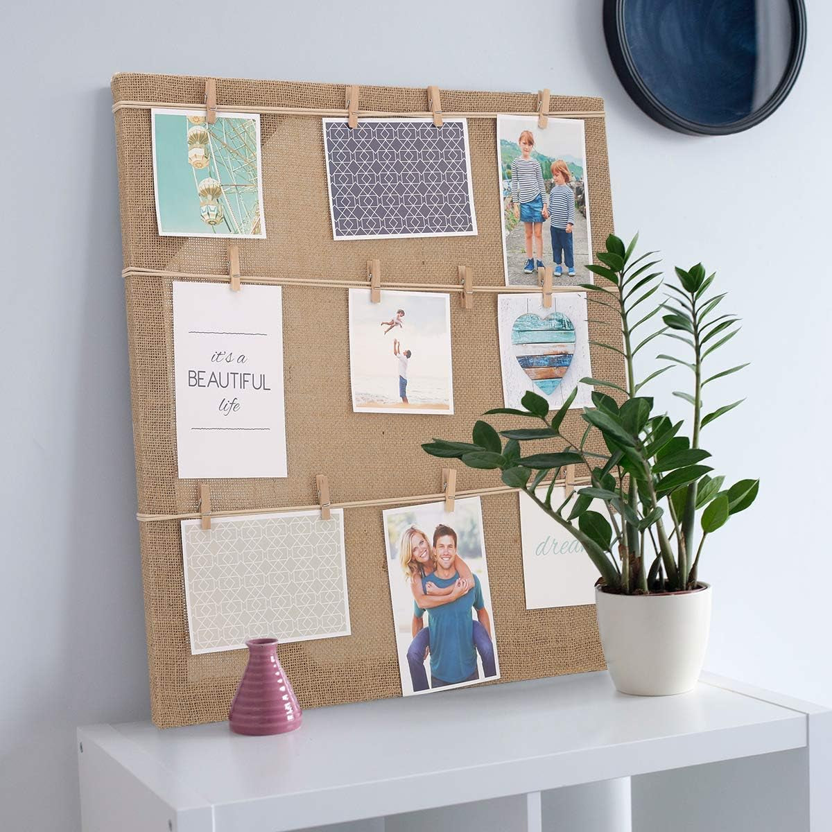 Clip Photo Holder, Photo Collage Frame, Large Picture Display Frame with 12 Wood Clothespin Clips for Hanging Home Decoration 20 ×20 Inches Brown