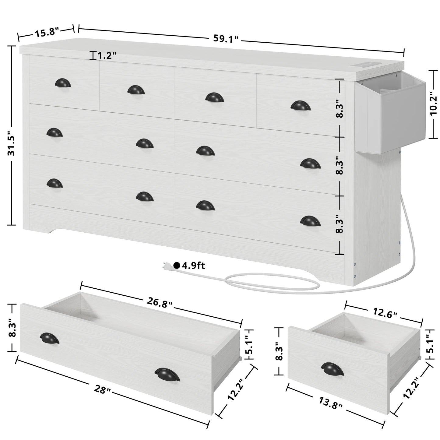 8 Drawer Dresser with Charging Station and Side Storage Bag, Wood Chest of Drawers, White Dresser