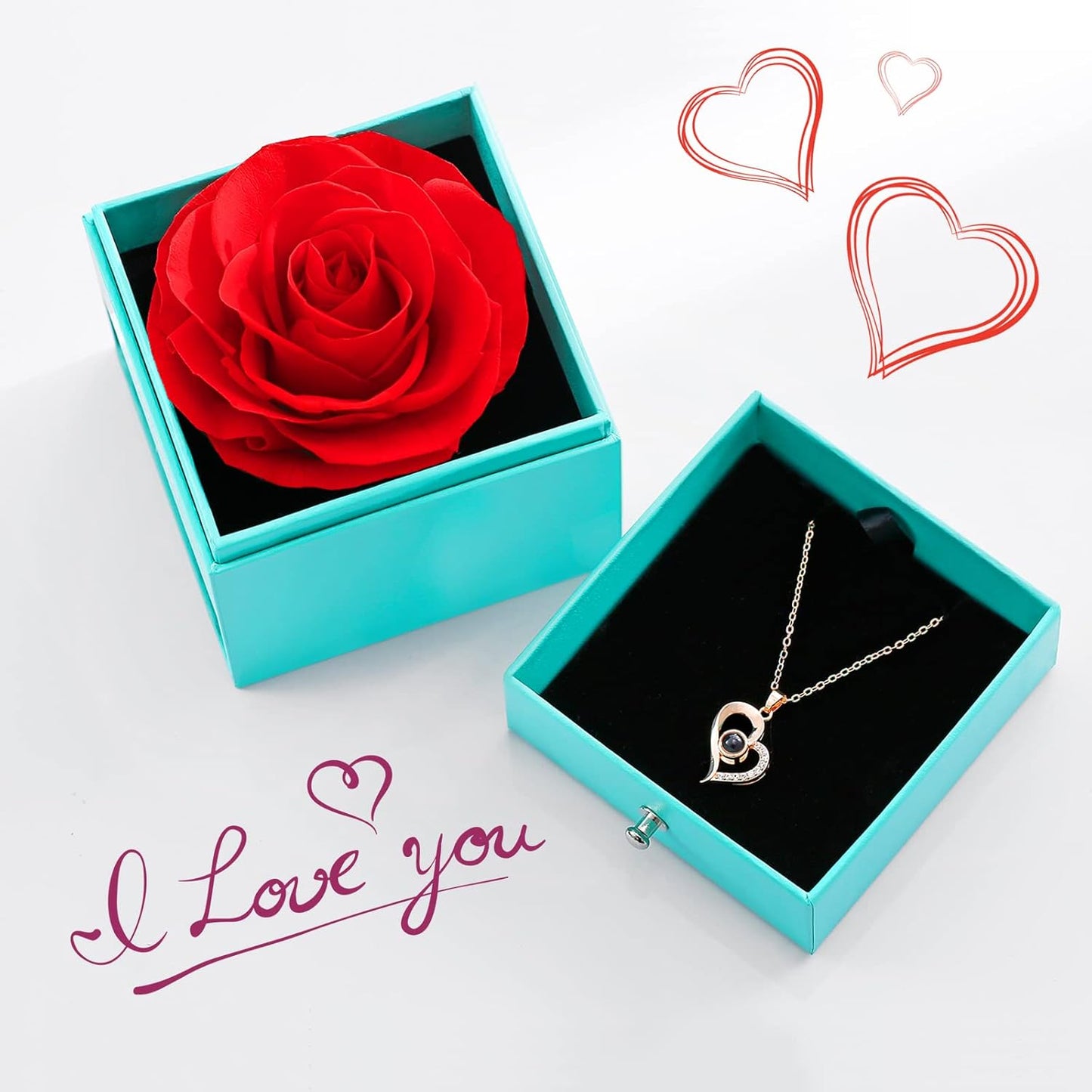 Valentines Day Gifts for Her, Preserved Real Rose with I Love You Heart Necklace 100 Languages, Birthday Gifts for Women Mom Girlfriend Wife,Forever Flower for Anniversary, Red Roses