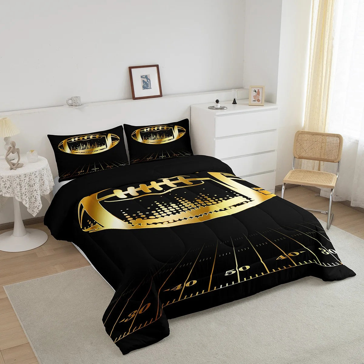 Black and Gold Soccer Bedding Sets Twin Football Comforter Bedroom Sport Quilted Duvet Ball Gamer Bedding Comforter Sets for Teen Men Ultra Soft All-Season Quilt Set 2Pcs