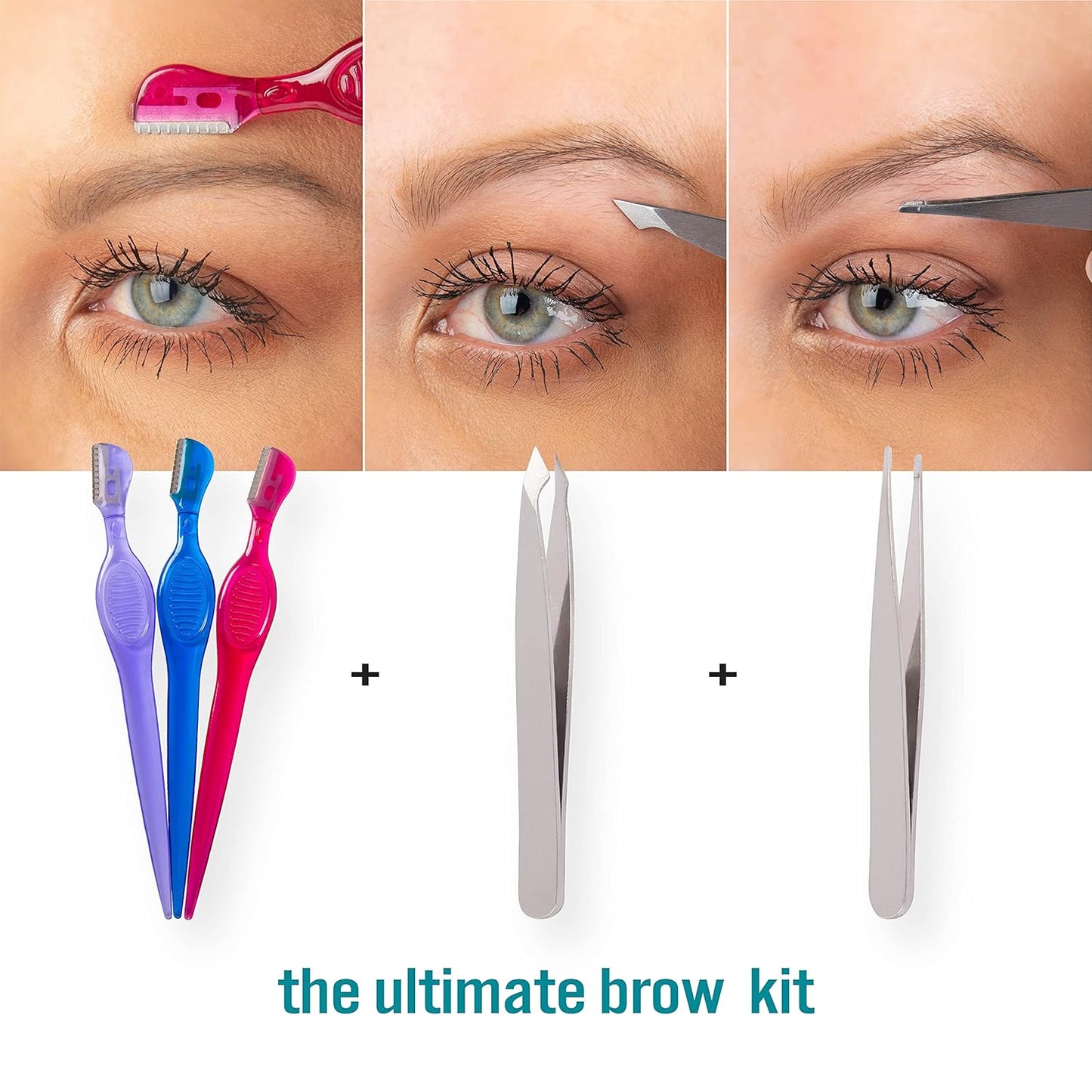 Complete Eyebrow Shaping Beauty Tool Bundle – for Shaping and Touching up Eyebrows – Includes Eyebrow Shapers and Compact Slant Tip and Point Tip Tweezer Set – Easy to Use for All Eye Shapes