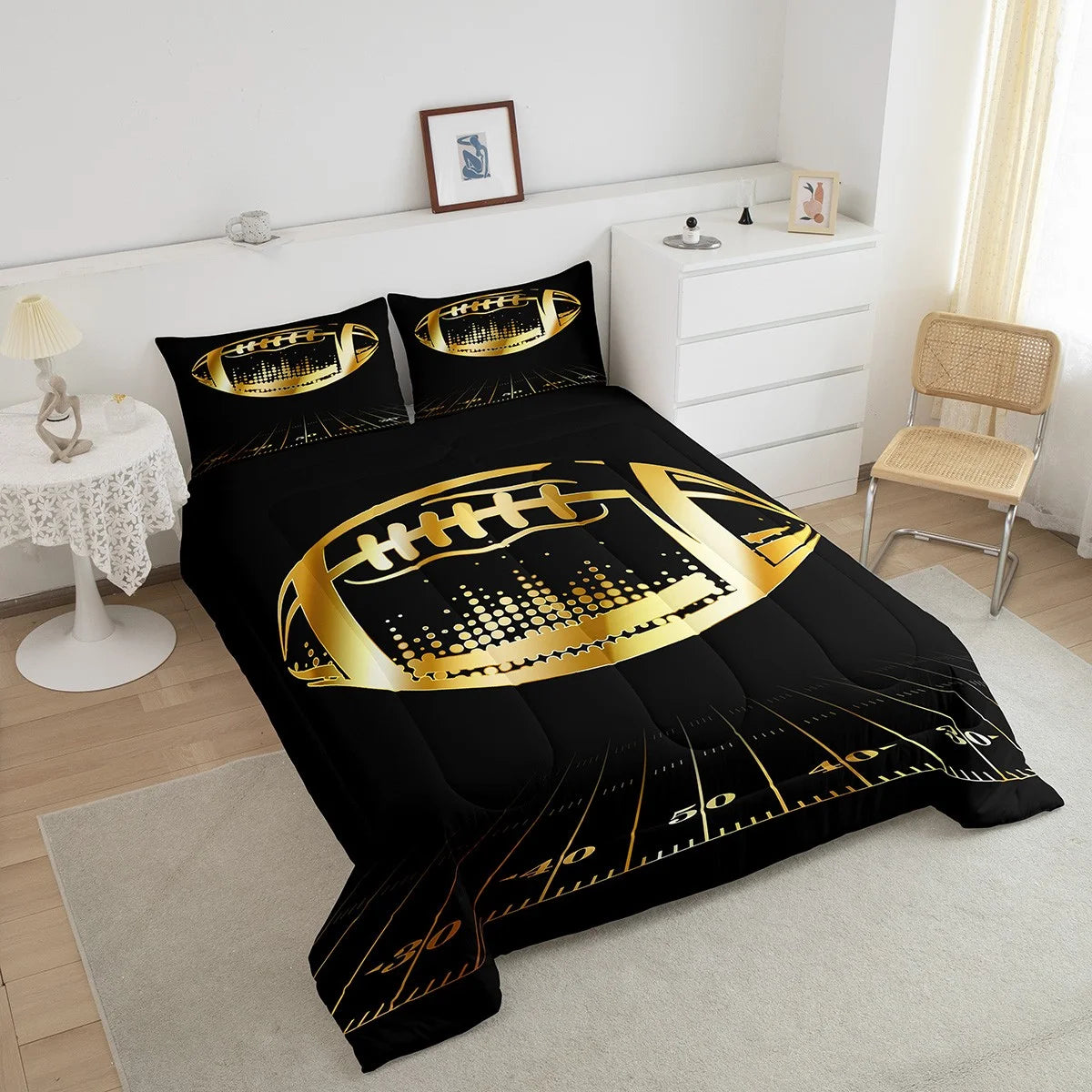 Black and Gold Soccer Bedding Sets Twin Football Comforter Bedroom Sport Quilted Duvet Ball Gamer Bedding Comforter Sets for Teen Men Ultra Soft All-Season Quilt Set 2Pcs