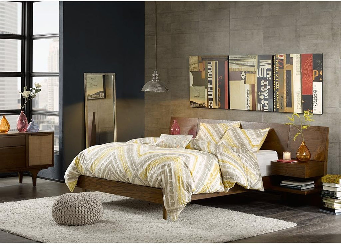 Clark Frame with Headboard and 2 Built-In Attached Nightstands with Hidden Drawers Platform Beds with Wood Slat Support, King, Pecan