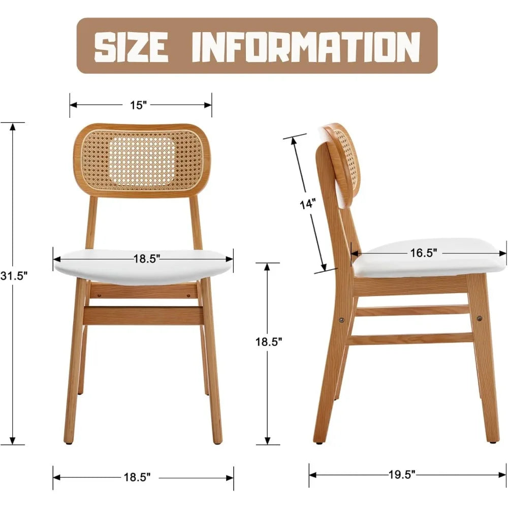 Rattan Dining Chairs Set of 6 White Faux Leather Dining Room Chairs Natural Wooden Kitchen Chairs Farmhouse Side Chairs