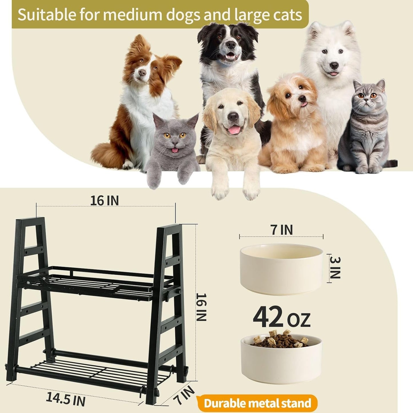 42 OZ Large Ceramic Dog Bowls Set of 2 with Adjustable Elevated Metal Stand, 7 Inch Raised Dog Food and Water Feeder Bowl Dish, Adjusts to 4 Heights for Medium & Large Dogs, Beige