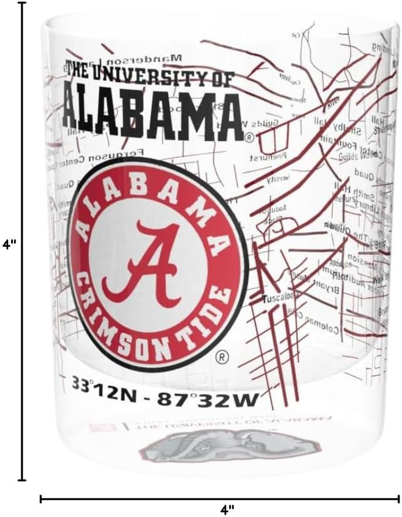 The University of Alabama Whiskey Glass Set (2 Low Ball Glasses) - Contains Full Color Alabama Logo & Campus Map - Alabama Gift Idea for College Grads & Alumni - College Cocktail Glassware