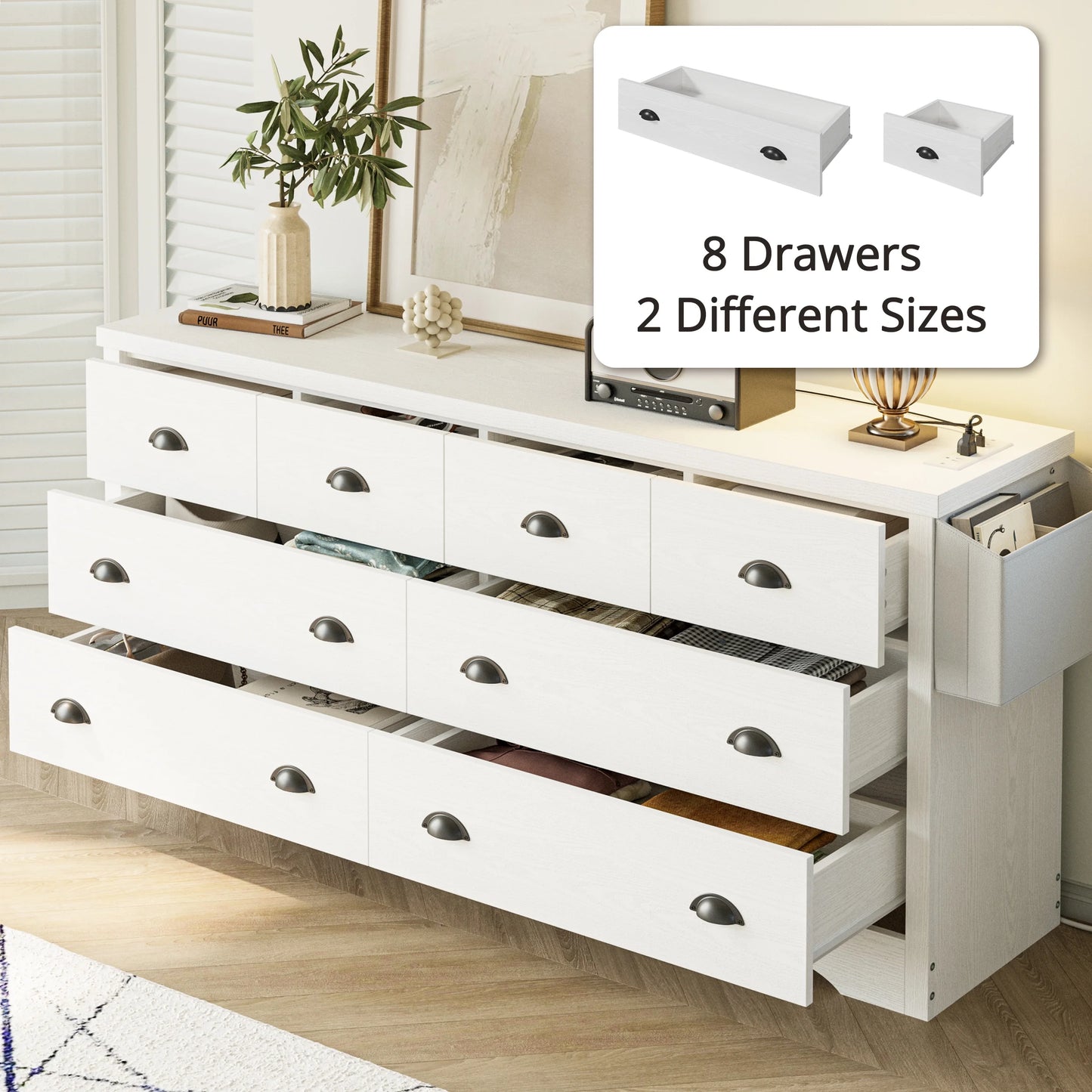 8 Drawer Dresser with Charging Station and Side Storage Bag, Wood Chest of Drawers, White Dresser