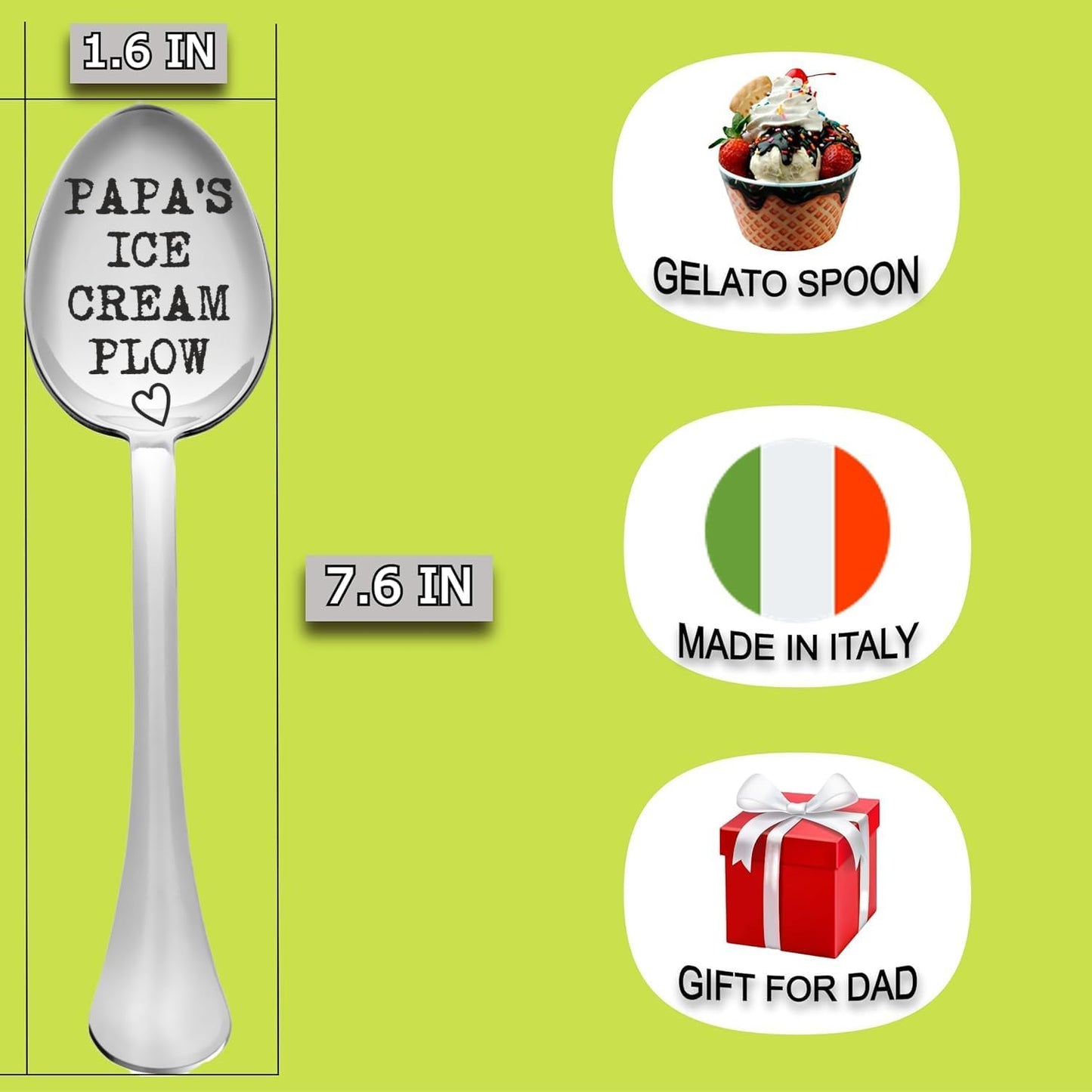 Gifts for Dad, Indulge Dad with the Papa'S Ice Cream Plow, a Sweet Papa Gifts on Fathers Day, Premium Engraved Spoon Made in Italy, Lovely Dad Gifts or Stocking Stuffers for Adults Men