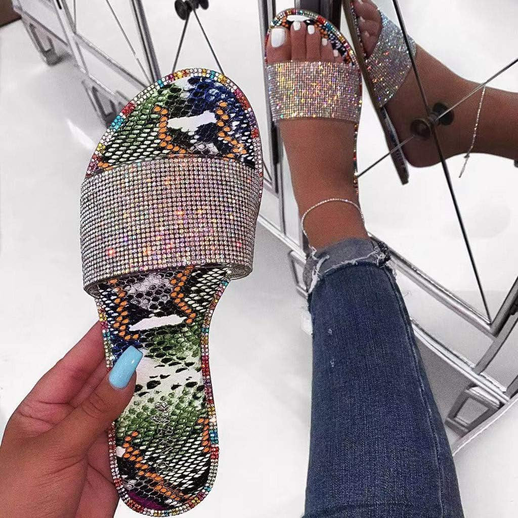 Summer Slide Sandals Flip Flops, Women Shiny Rhinestone Flat Sparkle Glitter Slip on Casual Slides Sandals Slipper