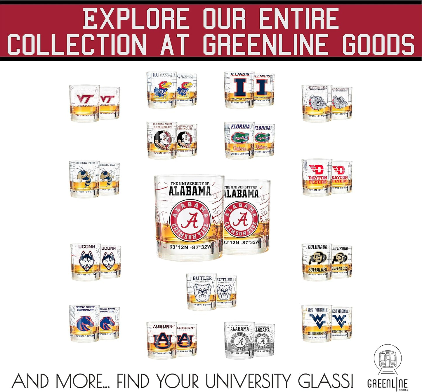The University of Alabama Whiskey Glass Set (2 Low Ball Glasses) - Contains Full Color Alabama Logo & Campus Map - Alabama Gift Idea for College Grads & Alumni - College Cocktail Glassware