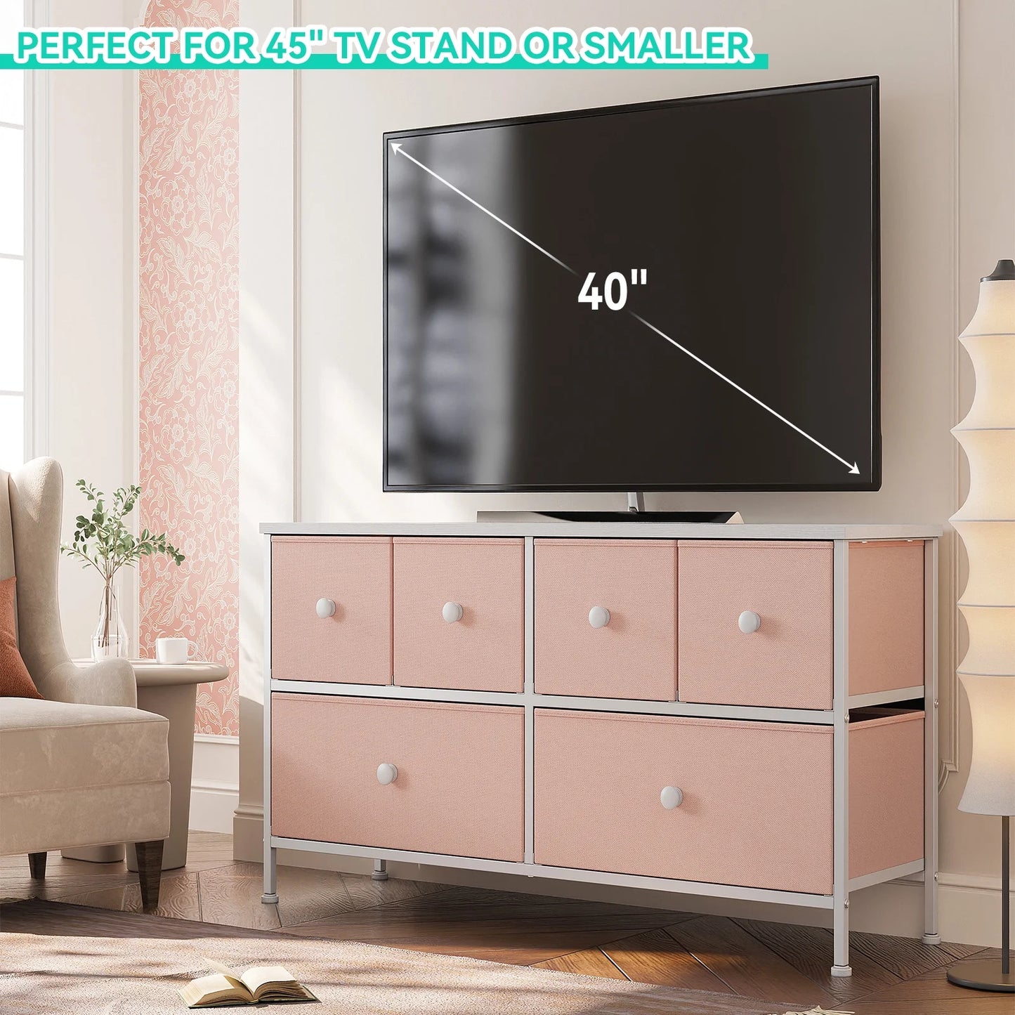 Pink Dresser for Bedroom Dressers & Chests of Drawers Dresser TV Stand with 6 Drawers Dressers for Closet Pink Wide Fabric Dressers TV Console Storage Unit, Pink