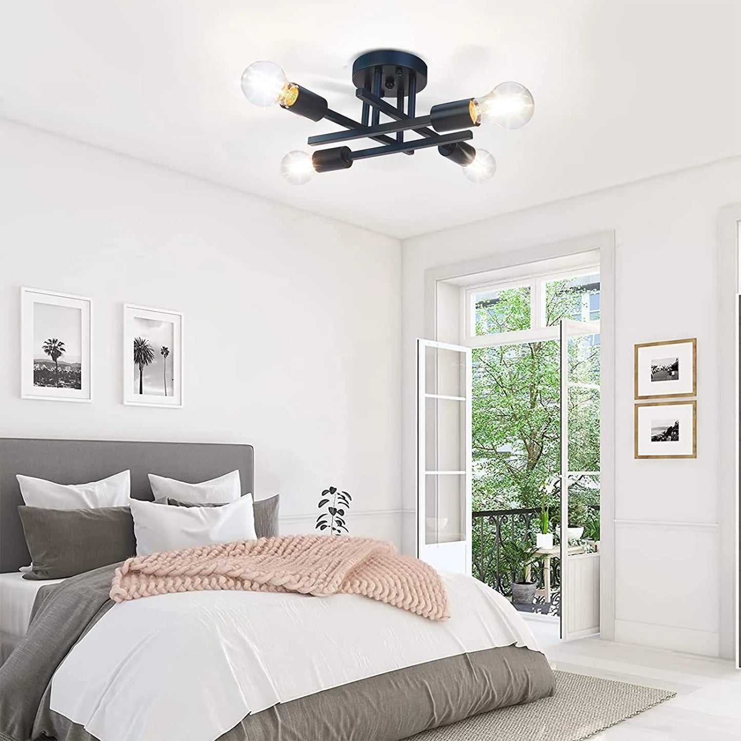 4-Light Semi Flush Mount Light Fixtures Farmhouse Black Light Fixtures Ceiling Mount Close to Ceiling Lighting Chandelier for Kitchen