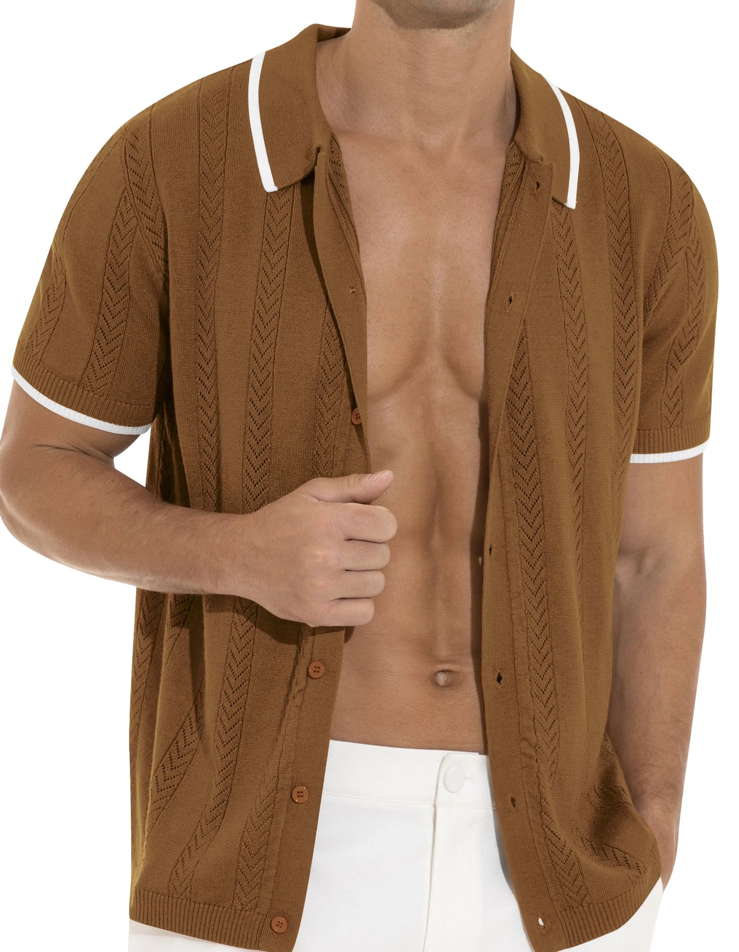Men'S Casual Button down Shirt Short Sleeve Vintage Clothes Knit Polo Shirts Summer Beach Shirts