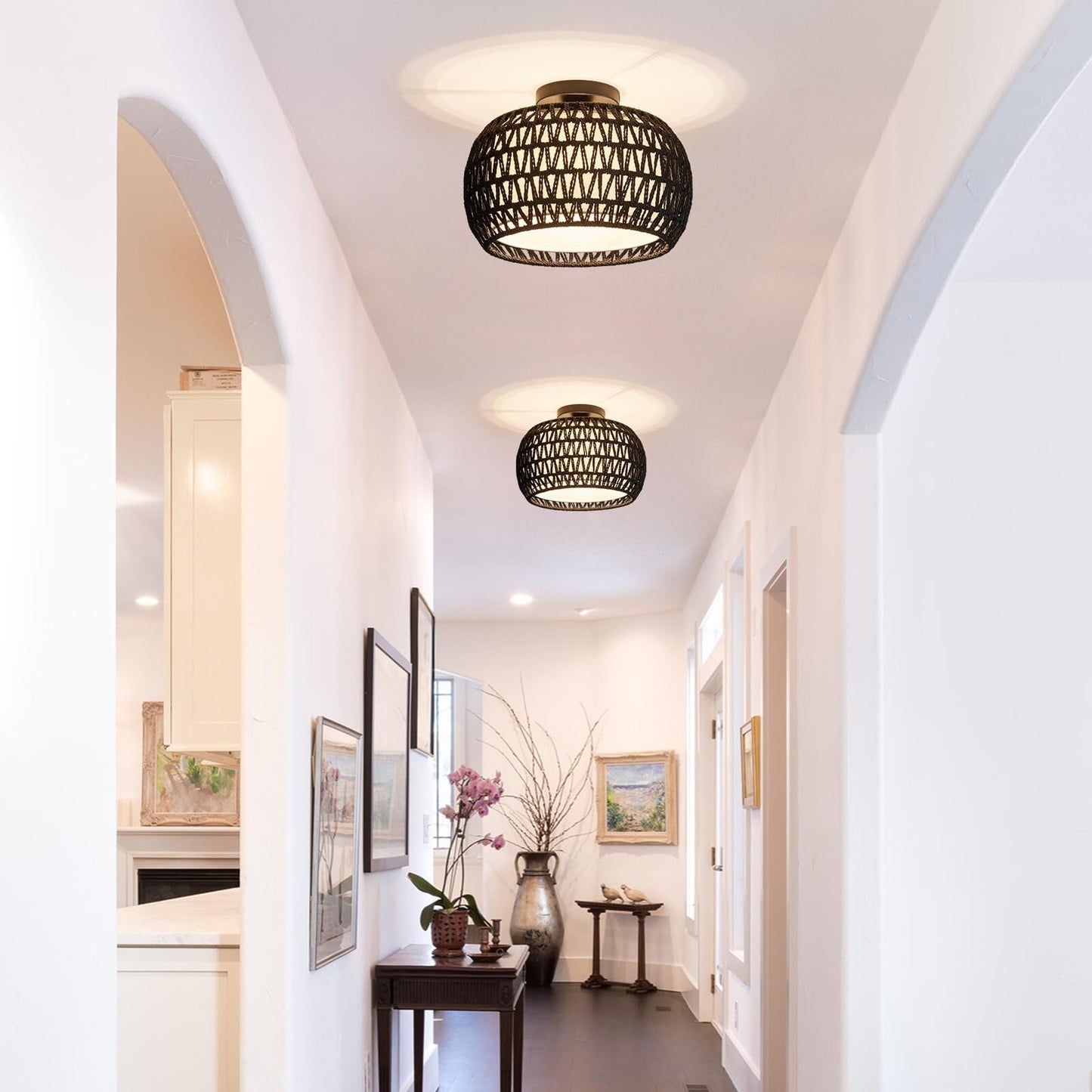 Rattan Ceiling Light Fixtures, Hand-Woven