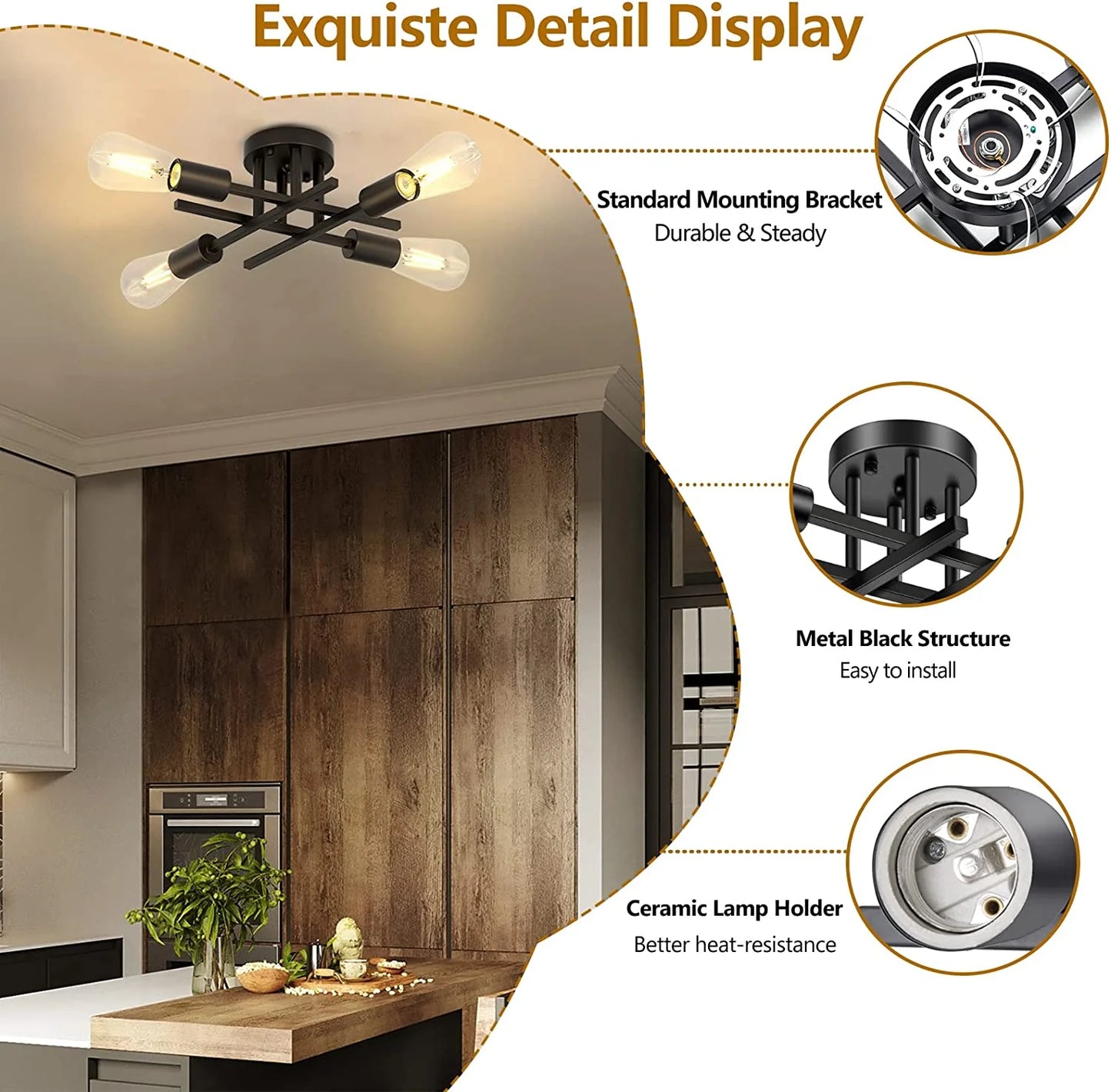 4-Light Semi Flush Mount Light Fixtures Farmhouse Black Light Fixtures Ceiling Mount Close to Ceiling Lighting Chandelier for Kitchen