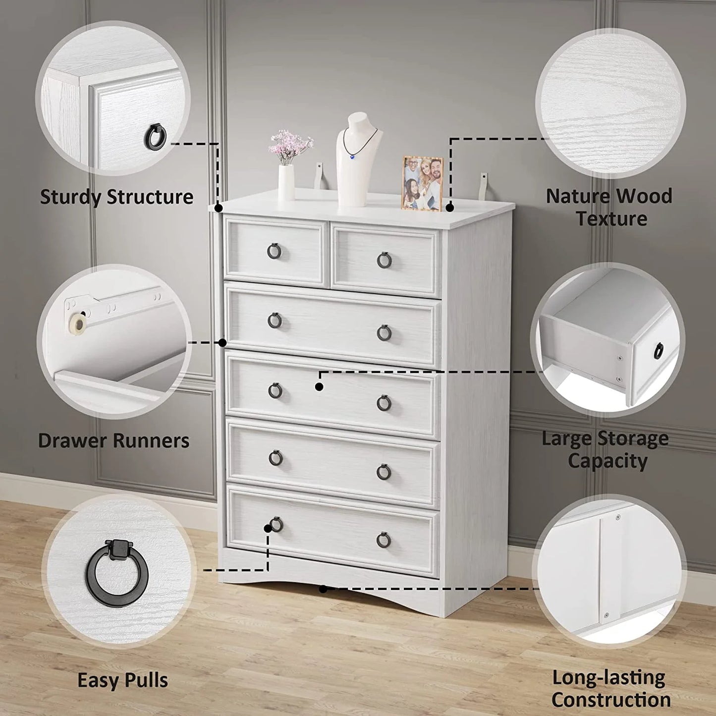 White Dressers, Modern Tall Chest of Drawers for Bedroom, 6 Drawer Dressers Organizers and Storage for Clothes