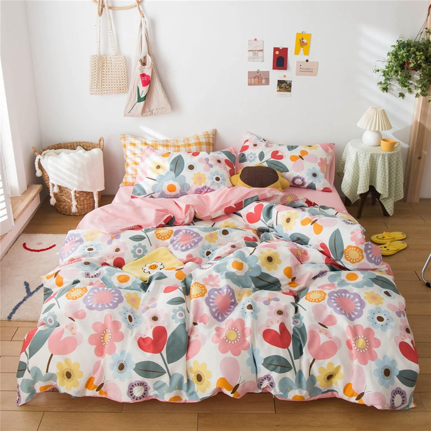 Queen Size Floral Bedding Sets Kids 3 Pieces Cotton Duvet Cover Queen Pink for Women Girls Reversible Yellow Aesthetic Bedding Comforter Cover Set Boho Bedding Queen