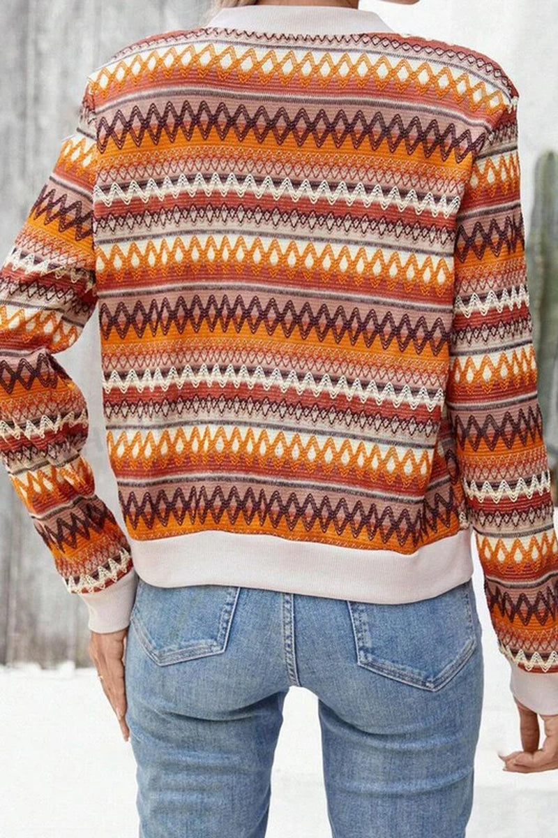 Orange Boho Striped Zip up Long Sleeve Jacket