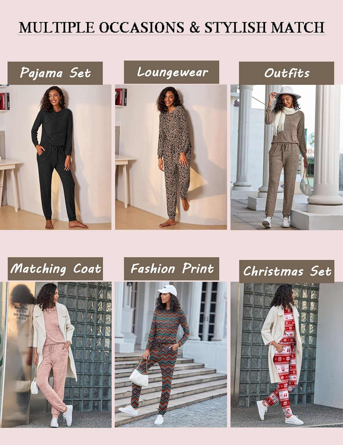 Womens Pajamas Set Long Sleeve Loungewear Soft Lounge Set Joggers with Pockets